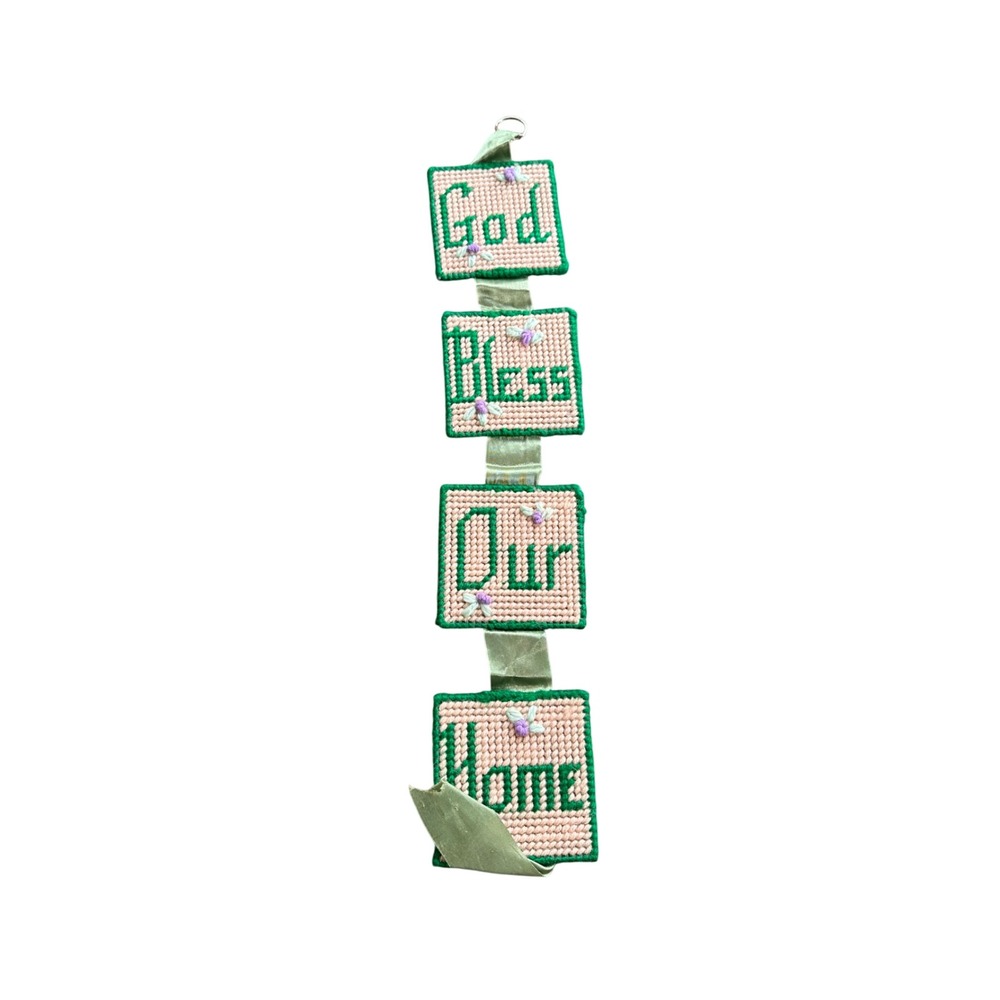 Vintage Handmade Needlepoint God Bless Our Home Wall‎ Hanging Green Ribbon 20